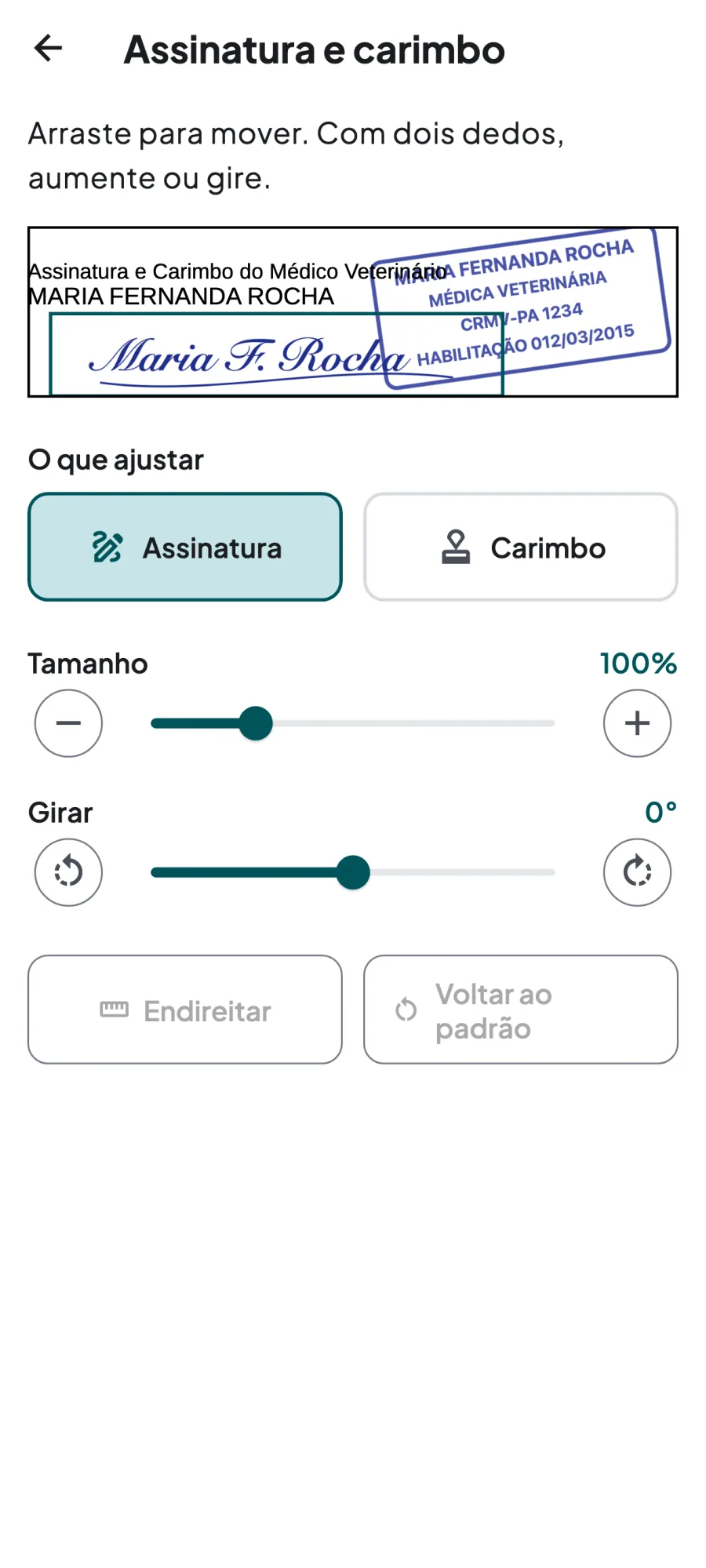 Ajuste de assinatura e carimbo